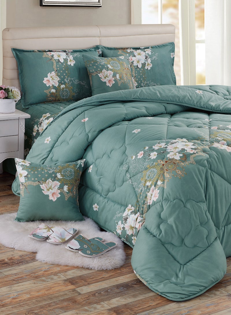 Moon Bed In A Bag Medium Filling King Size Comforter Set, 10 Pcs Floral Bedding Set Size 220 X 240 Cm with Comforter, Quilted Bed Skirt, Pillowcases, Cushion & Bedroom Slipper, Multicolor  - Image 1