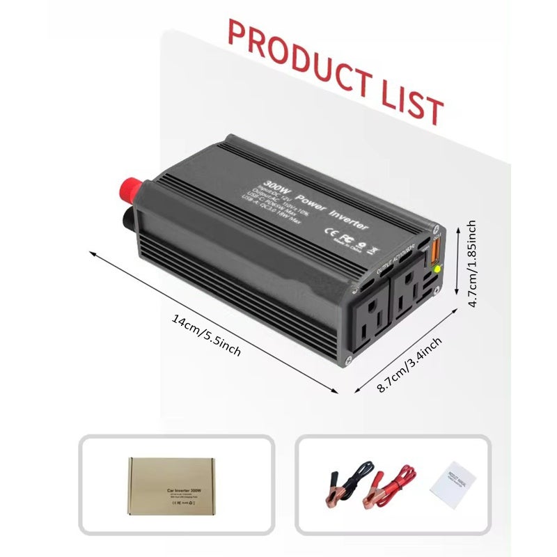 Power Inverter: 300W Black Aluminum Alloy - Efficient Versatile Charging PD65W USB-C 18W USB-A Portable Car Inverter for Outdoor Travel Home Office Electronic Devices - Image 5