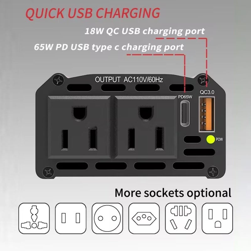 Power Inverter: 300W Black Aluminum Alloy - Efficient Versatile Charging PD65W USB-C 18W USB-A Portable Car Inverter for Outdoor Travel Home Office Electronic Devices - Image 4