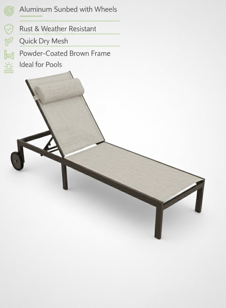 Aluminum Sun Lounger with Adjustable Headrest | Brown Frame and All-Weather Beige Mesh for Poolside and Deck - Image 1