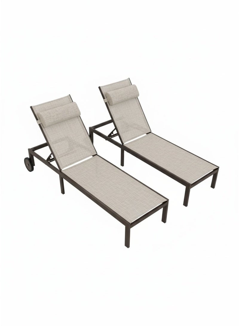 Aluminum Sun Lounger with Adjustable Headrest | Brown Frame and All-Weather Beige Mesh for Poolside and Deck - Image 5