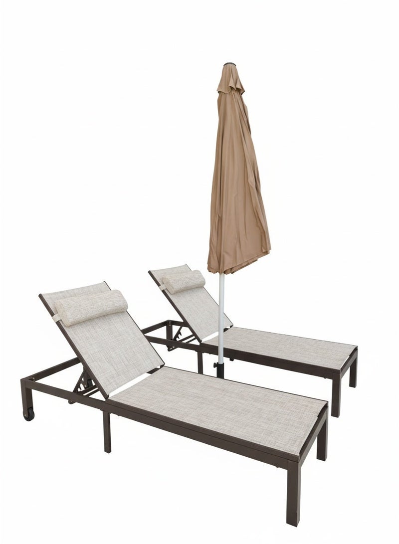 Aluminum Sun Lounger with Adjustable Headrest | Brown Frame and All-Weather Beige Mesh for Poolside and Deck - Image 4
