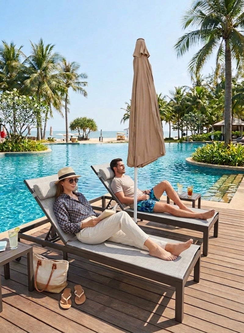 Aluminum Sun Lounger with Adjustable Headrest | Brown Frame and All-Weather Beige Mesh for Poolside and Deck - Image 2