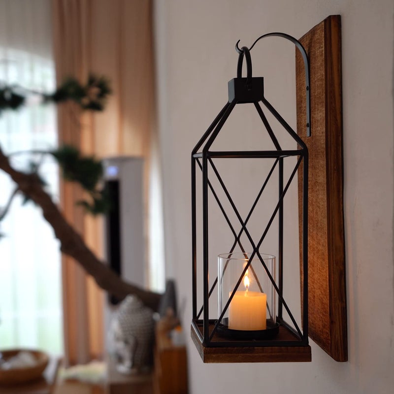 Homemory Wall Candle Sconce, Wood Rustic Candle Holder Decorative Candle Lantern with Glass Holder, Wall Decorations for Living Room, Dining Room (1, Dark Brown) - Image 2