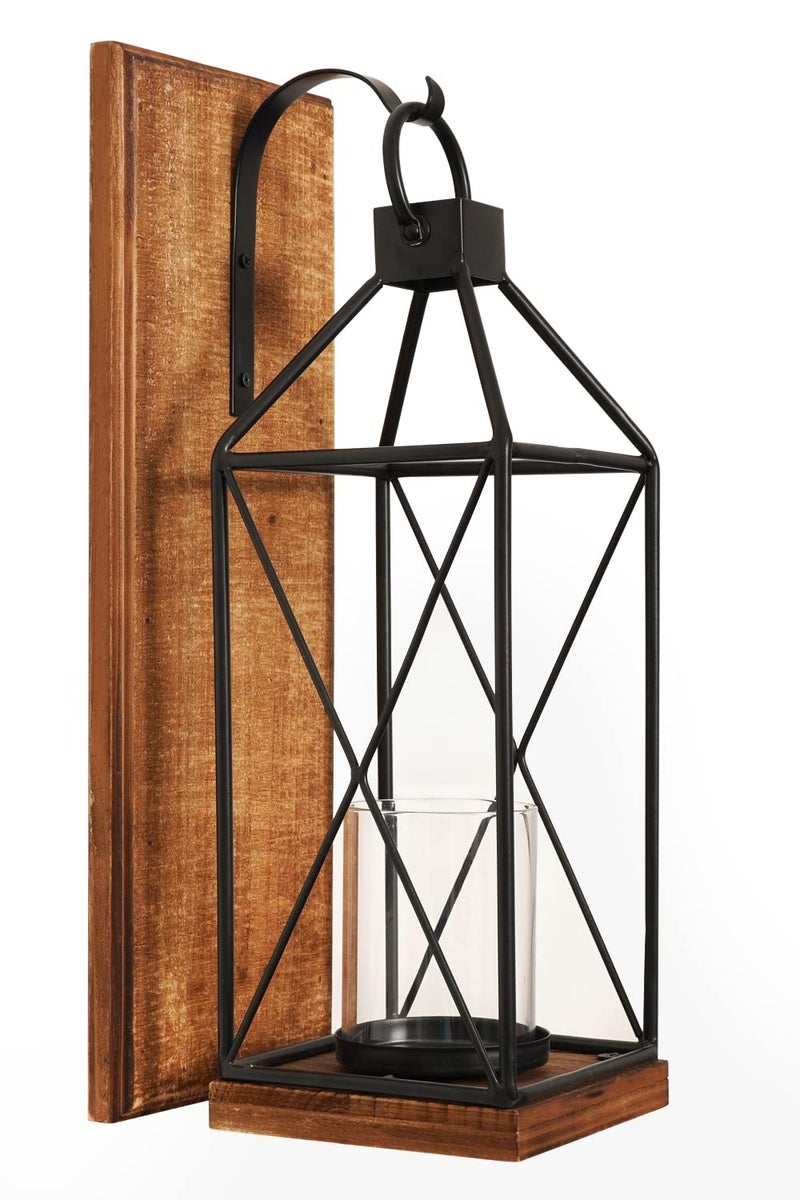 Homemory Wall Candle Sconce, Wood Rustic Candle Holder Decorative Candle Lantern with Glass Holder, Wall Decorations for Living Room, Dining Room (1, Dark Brown) - Image 1