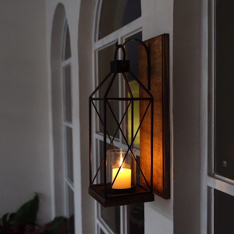 Homemory Wall Candle Sconce, Wood Rustic Candle Holder Decorative Candle Lantern with Glass Holder, Wall Decorations for Living Room, Dining Room (1, Dark Brown) - Image 4