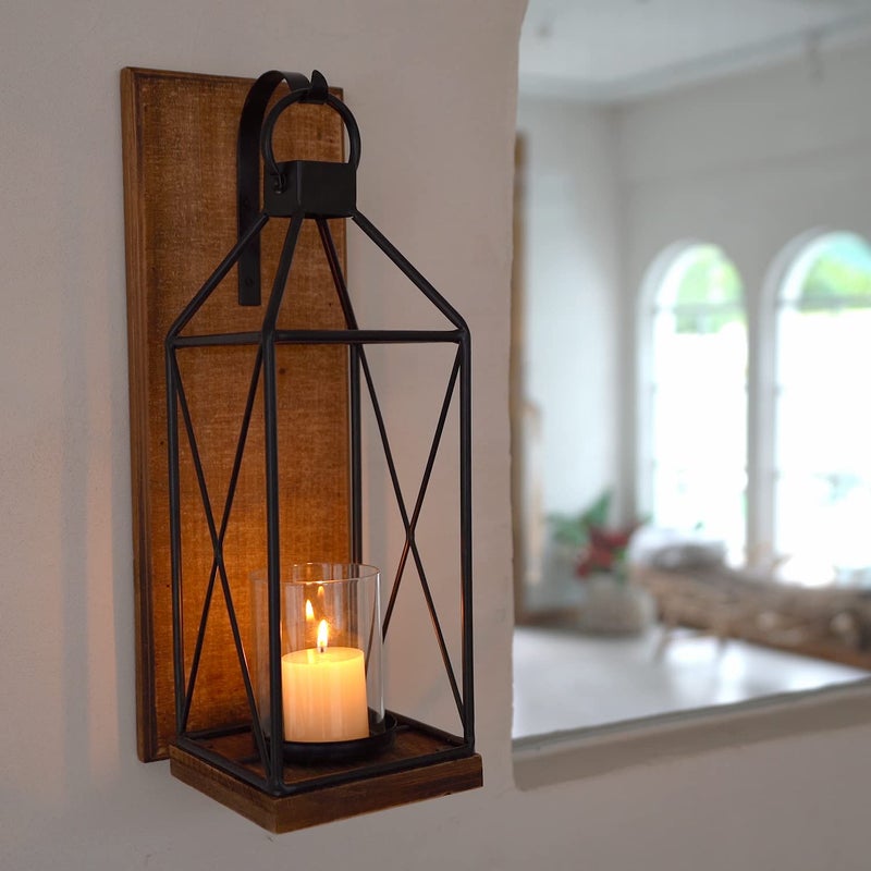 Homemory Wall Candle Sconce, Wood Rustic Candle Holder Decorative Candle Lantern with Glass Holder, Wall Decorations for Living Room, Dining Room (1, Dark Brown) - Image 3