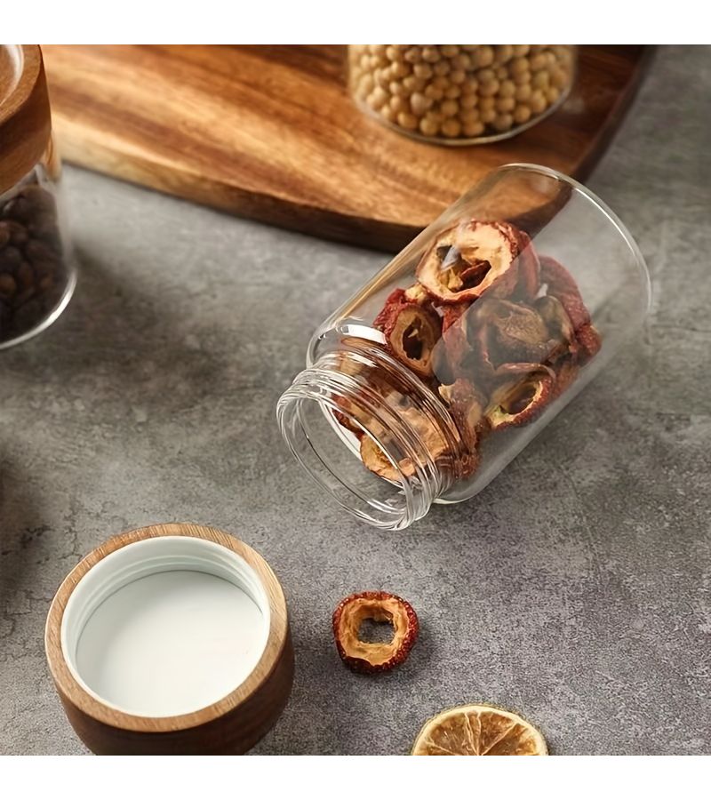 وعاء تخزين من زجاج بوروسيليكات فاخر مع غطاء من خشب الأكاسيا بسعة 6.76 أونصة، بإغلاق محكم للهواء مناسب للقهوة والشاي والحبوب، وعاء مطبخ دائري - Image 2