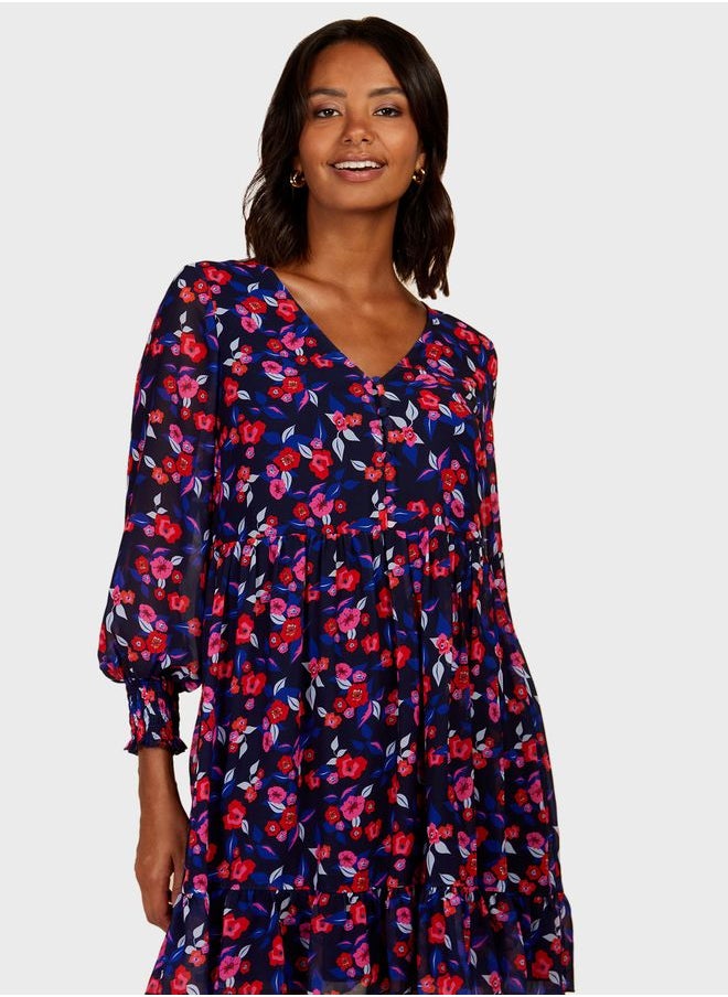 Little Mistress - Balloon Sleeve Floral Printed Dress - Image 1