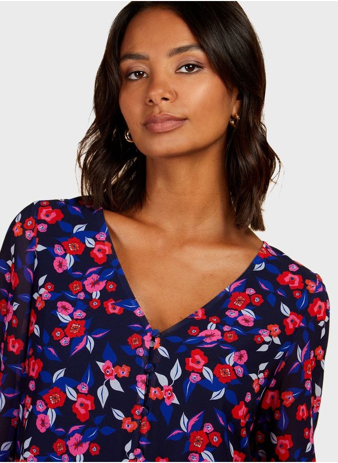 Little Mistress - Balloon Sleeve Floral Printed Dress - Image 1
