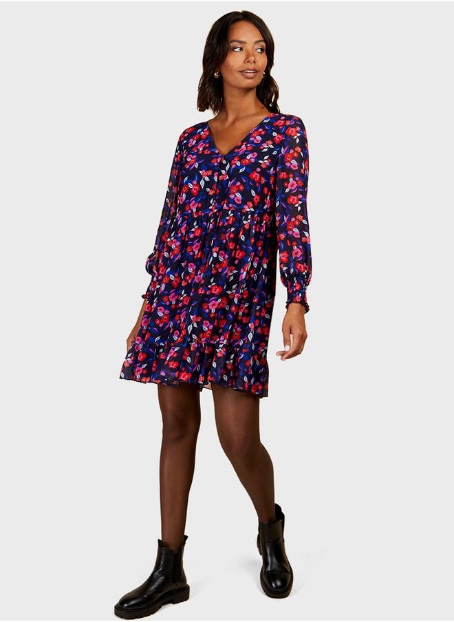 Little Mistress - Balloon Sleeve Floral Printed Dress - Image 1