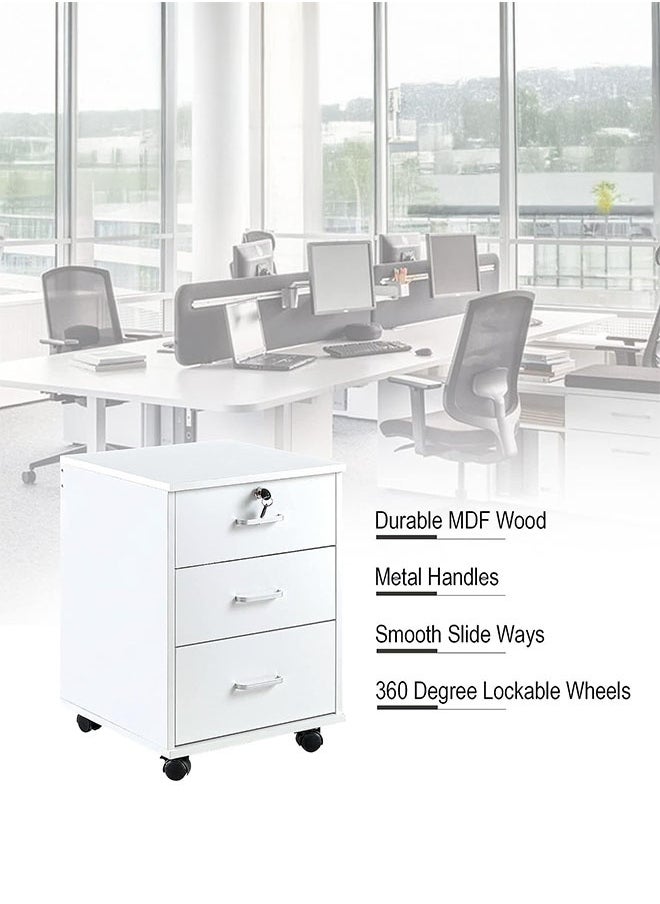 LEDIN Movable Filing Cabinet with 3 Drawer Lockable Office Cabinet with Wheels in White Industrial Wood  - Image 3