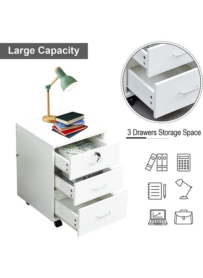LEDIN Movable Filing Cabinet with 3 Drawer Lockable Office Cabinet with Wheels in White Industrial Wood  - Image 4