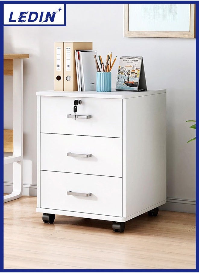 LEDIN Movable Filing Cabinet with 3 Drawer Lockable Office Cabinet with Wheels in White Industrial Wood  - Image 1