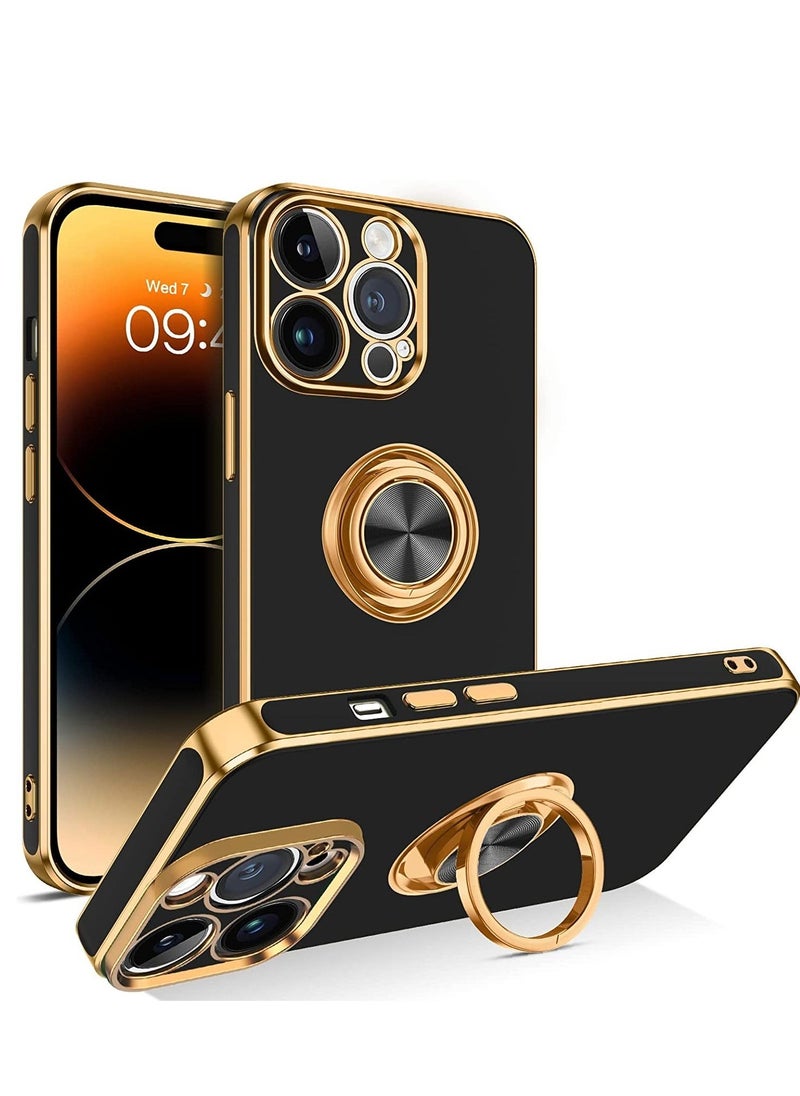 Raxoom iPhone 14 Pro Max Case, 360° Rotation Kickstand Ring Holder Plating Edge Soft Rubber TPU Bumper Slim Flexible Shockproof Protective Phone Case Cover for 6.7 inch iPhone 14 Pro Max 2022, Black - Image 1