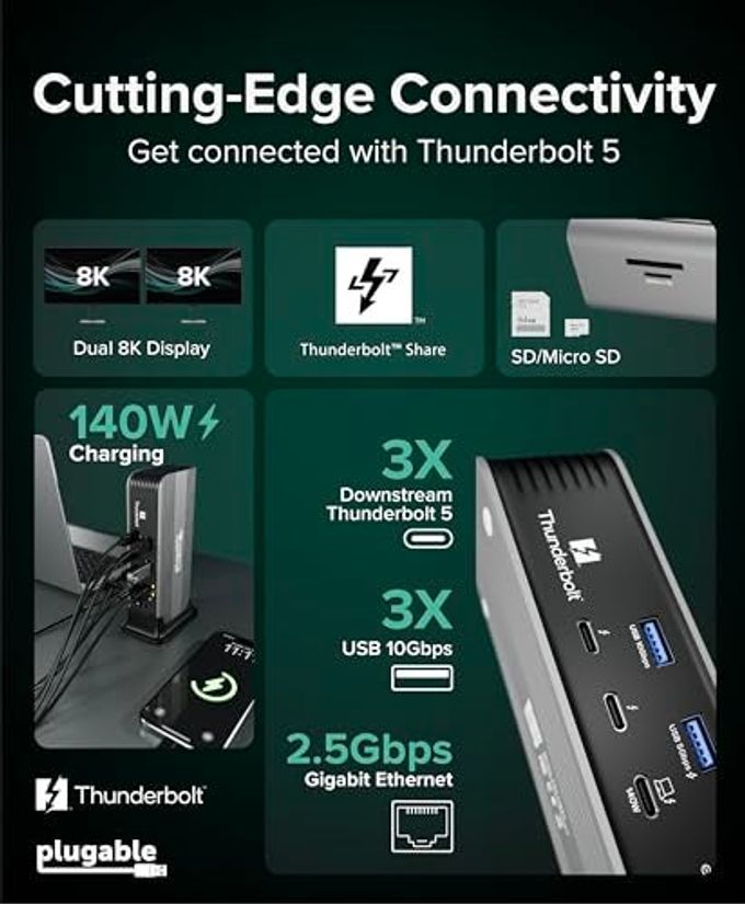 Plugable Thunderbolt 5 Docking Station For Macbook Pro And Windows, 140W Charging, Dual 6K@60Hz Mac, Dual 8K Windows, 80/120Gbps, 3X Thunderbolt 5 Ports, 2.5Gbe, Driverless (Tbt-Udt3) - Image 2