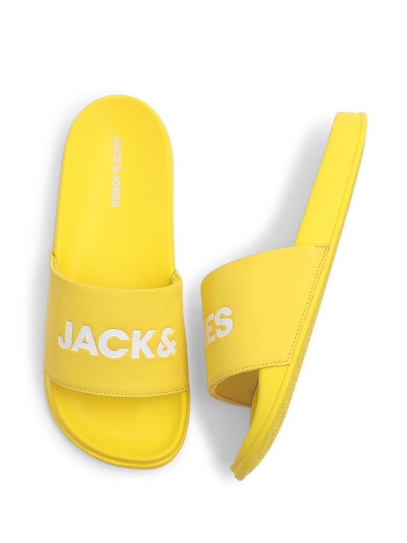 Jack & Jones Light Yellow Logo Print Pool Sliders - Image 1