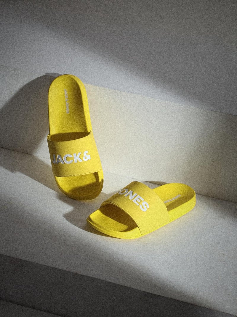 Jack & Jones Light Yellow Logo Print Pool Sliders - Image 2