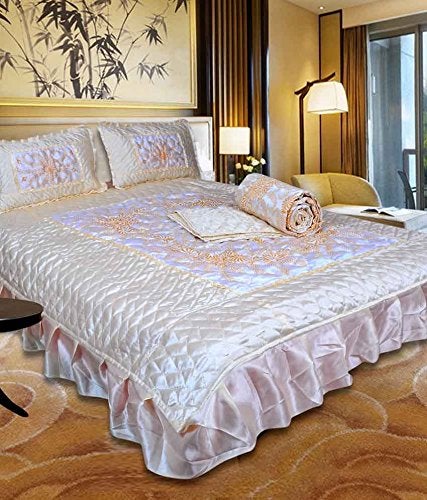 ManavRachit Satin Gold Printed Wedding Bedding Set for Home Living Room 310 TC King Size White Set of 4 Pieces