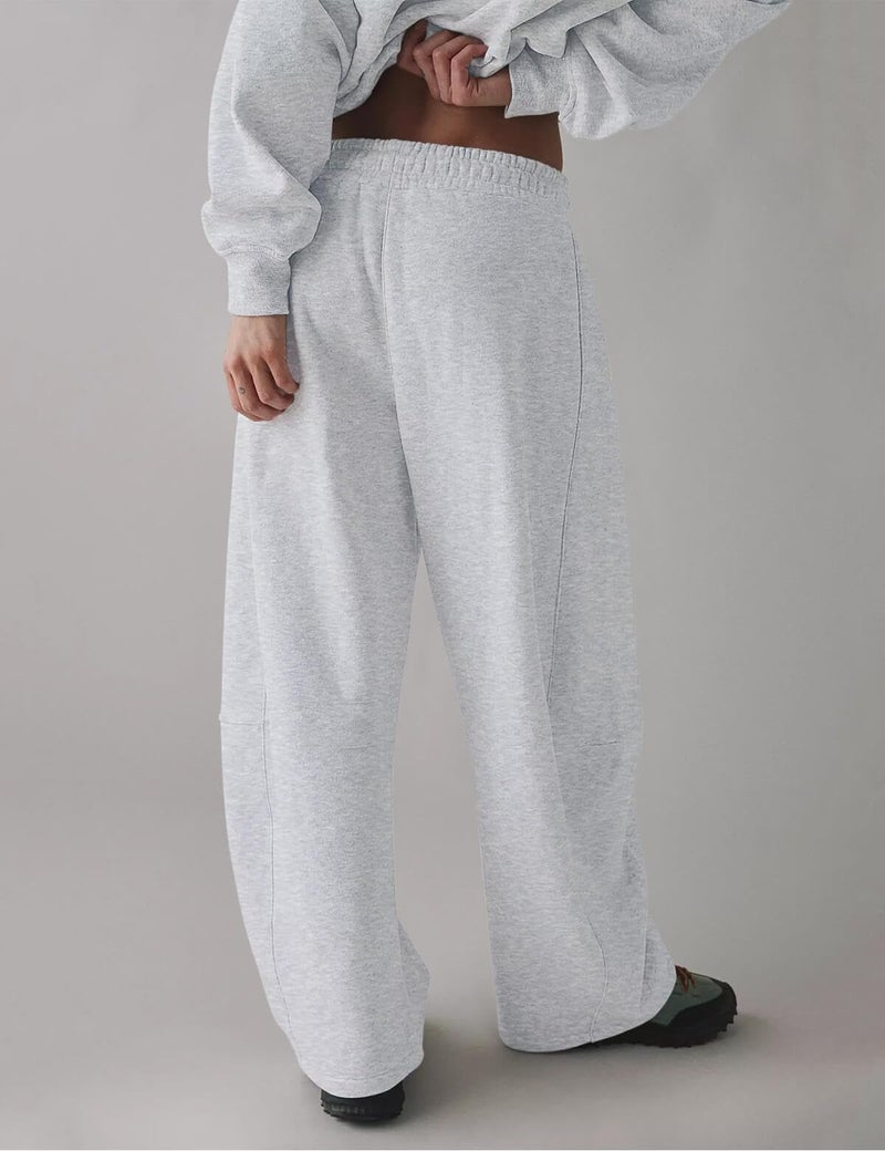 HeSaYep Women's Wide Leg Barrel Sweatpants Fleece Lined Baggy Sweat Pants Drawstring High Waisted Casual Pants Cotton Palazzo Trousers with Pockets White Grey XL - Image 2