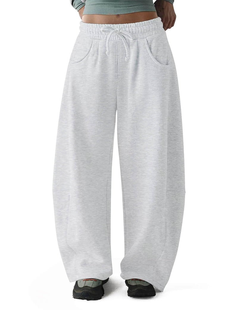 HeSaYep Women's Wide Leg Barrel Sweatpants Fleece Lined Baggy Sweat Pants Drawstring High Waisted Casual Pants Cotton Palazzo Trousers with Pockets White Grey XL - Image 1