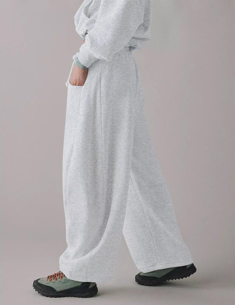HeSaYep Women's Wide Leg Barrel Sweatpants Fleece Lined Baggy Sweat Pants Drawstring High Waisted Casual Pants Cotton Palazzo Trousers with Pockets White Grey XL - Image 4