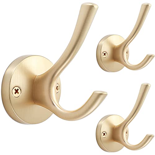 TOFIIGREM Gold Coat Hooks for Wall, 3 Pack Towel Hook Heavy Duty Metal Double Bath Robe Hook Wall Mount, Hat Hooks for Cubicle Bathroom Kitchen Closet Garage - Image 1