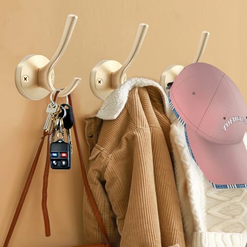 TOFIIGREM Gold Coat Hooks for Wall, 3 Pack Towel Hook Heavy Duty Metal Double Bath Robe Hook Wall Mount, Hat Hooks for Cubicle Bathroom Kitchen Closet Garage - Image 2