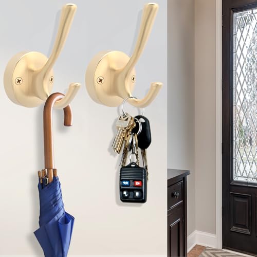 TOFIIGREM Gold Coat Hooks for Wall, 3 Pack Towel Hook Heavy Duty Metal Double Bath Robe Hook Wall Mount, Hat Hooks for Cubicle Bathroom Kitchen Closet Garage - Image 3