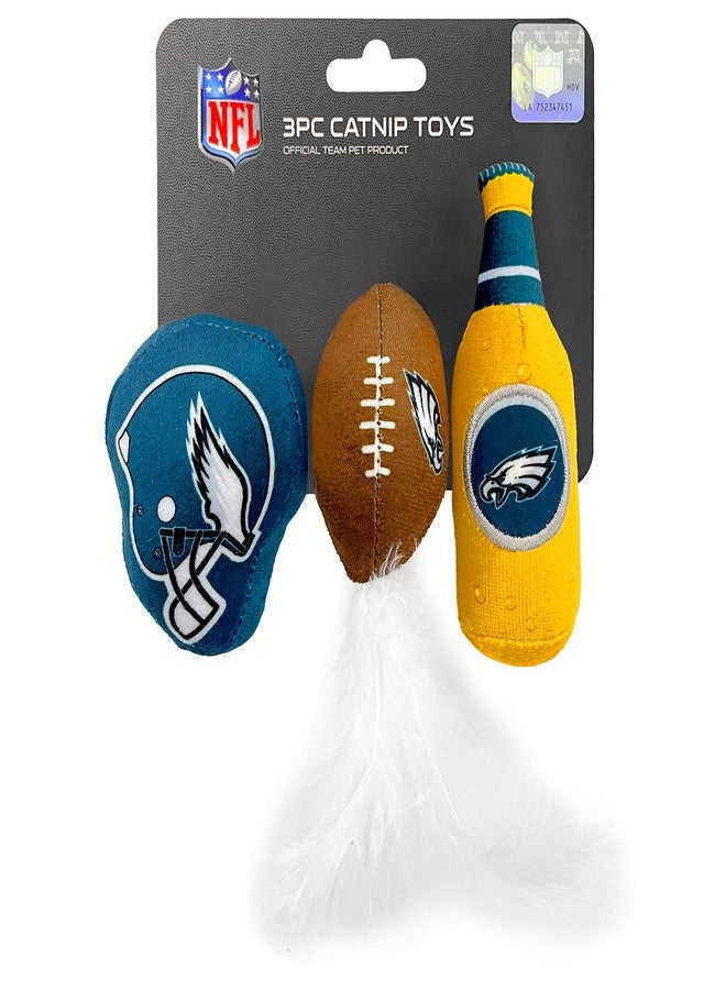 Pets First BEST PLUSH CAT TOY NFL PHILADELPHIA EAGLES Complete Set of 3 piece Cat Toys filled with Fresh Catnip. Includes: 1 Helmet Cat Toy, 1 Football Cat Toy with Feathers & 1 Beer Bottle. Beautiful Team LOGOS - Image 1