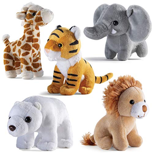 PREXTEX Safari Friends Stuffed Animal Gift Set 5 Small Plush Giraffe Tiger Lion Polar Bear Elephant Zoo Animals Machine Washable Stuffed Animals for Boys Girls Ages 35 - Image 1