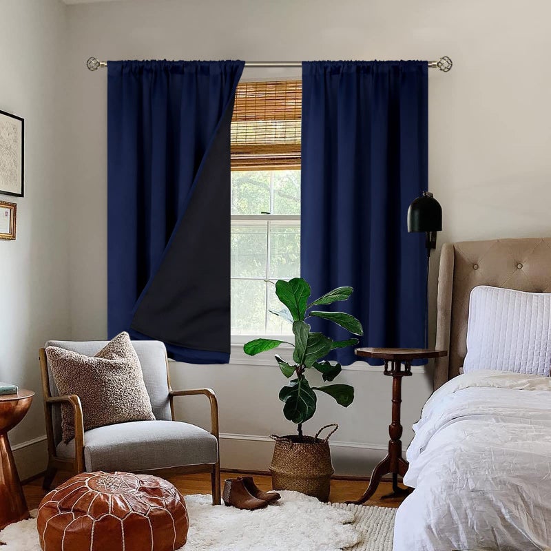 BGment بجلات حرارية معزولة 100 ٪ الستائر اللفاتية لغرفة النوم مع بطانة سوداء طبقة مزدوجة الكاملة الغرفة الضيق ضوضاء الستار الجيب قضيب القضيب (52 × 45 بوصة الأزرق الأزرق 2) - Image 2