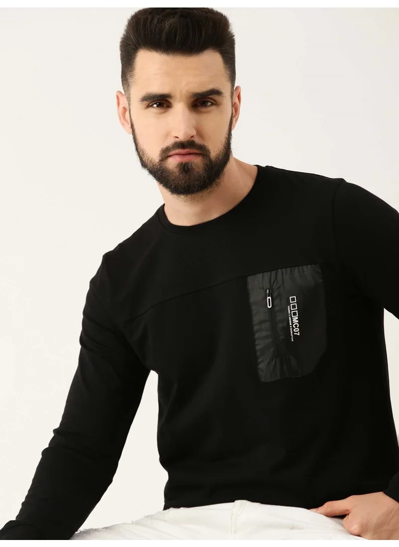 Maniac Maniac Mens Printed Round Neck Full Sleeve Black Cotton Slim Fit Tshirt