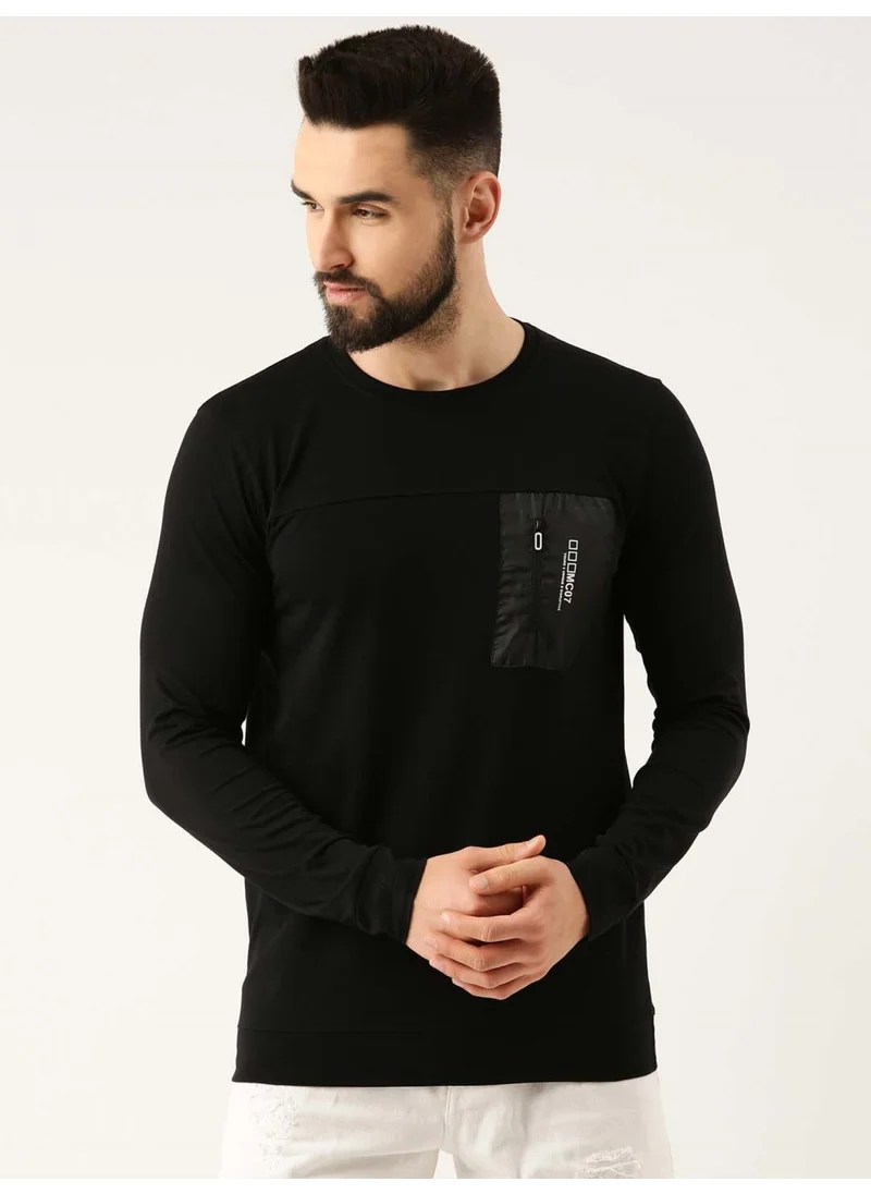 Maniac Maniac Mens Printed Round Neck Full Sleeve Black Cotton Slim Fit Tshirt