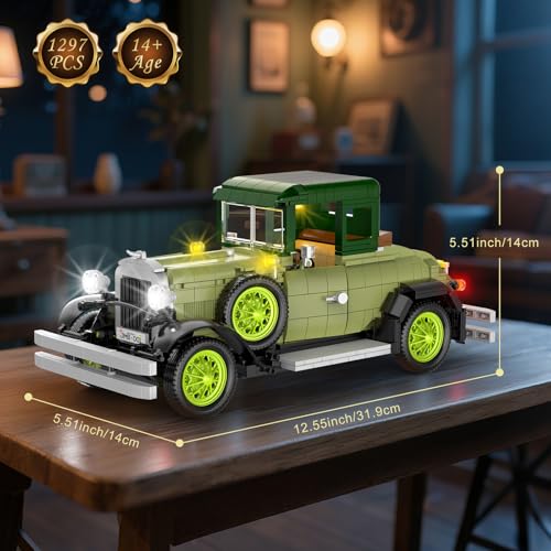 Brihappen Vintage Classic Car Model Building Set with Light for Adults Boys Girls 1297 PCS Antique Cars Model Home Office Collection Retro Classic Car Building Toy - Image 5
