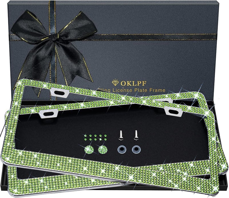 OKLPF Bling License Plate Frame for Women, 2PCS Sparkly License Plate Frames| Over 1200 pcs14 Facets Bedazzled Clear Glass Diamond Rhinestone Crystals w/Free Glitter Diamond Box (Olive Green) Repeated assemble detach compatible