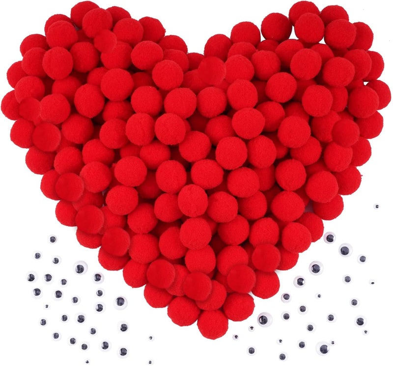 Caydo [400 pcs] - 300 Pieces 1 Inch Red Pom poms with 100 Pieces Wiggle Eyes, Arts and Crafts Pompom Balls for Kids DIY Art Creative Crafts Christmas Decorations - Image 1