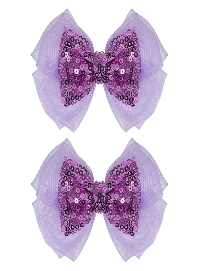 Miroksh 2pc Light Purple Mesh Ribbon Hair Bows Clips 4" Glittery Sequin Alligator Barrettes Hairpins for Girls Women Halloween Costume Mermaid Birthday Dress Decor Accessories Gift - Image 1