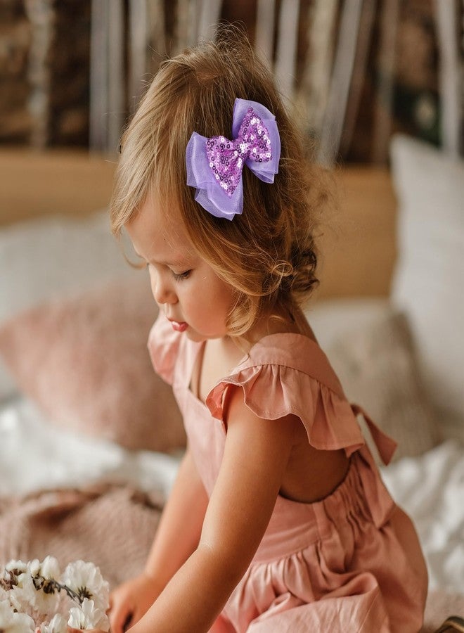 Miroksh 2pc Light Purple Mesh Ribbon Hair Bows Clips 4" Glittery Sequin Alligator Barrettes Hairpins for Girls Women Halloween Costume Mermaid Birthday Dress Decor Accessories Gift - Image 5