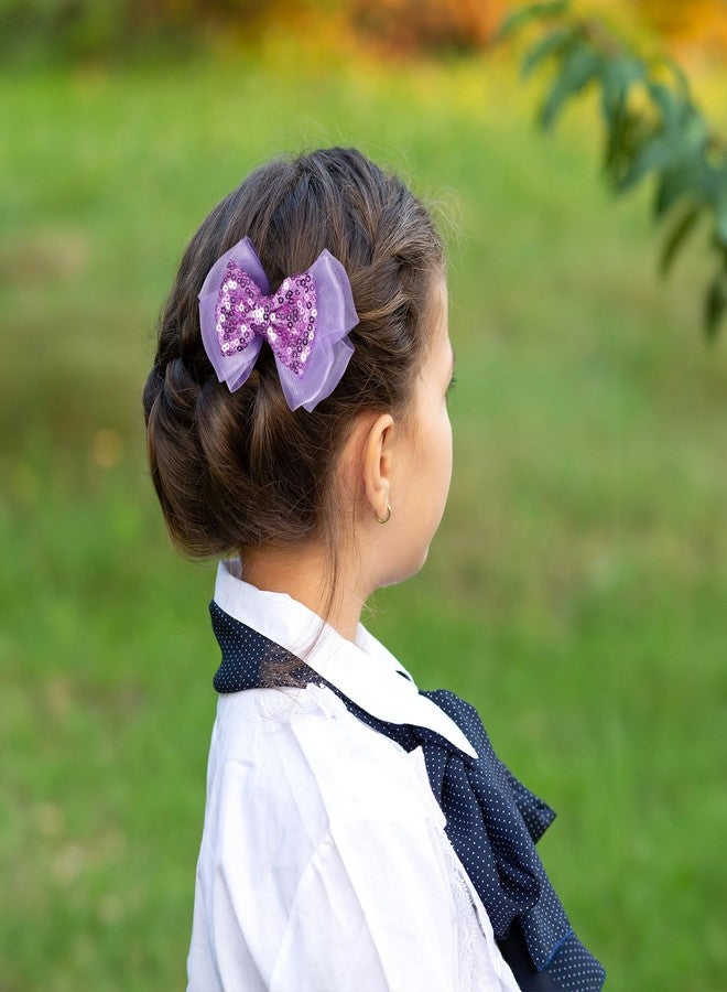 Miroksh 2pc Light Purple Mesh Ribbon Hair Bows Clips 4" Glittery Sequin Alligator Barrettes Hairpins for Girls Women Halloween Costume Mermaid Birthday Dress Decor Accessories Gift - Image 4