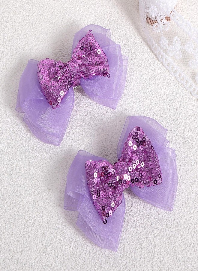 Miroksh 2pc Light Purple Mesh Ribbon Hair Bows Clips 4" Glittery Sequin Alligator Barrettes Hairpins for Girls Women Halloween Costume Mermaid Birthday Dress Decor Accessories Gift - Image 2