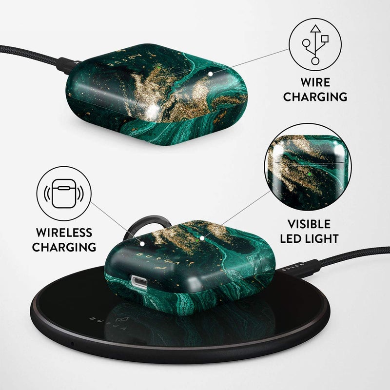 Burga Airpod Hardcase Compatible with Apple Airpods 2 & 1 Charging Case, Emerald Green Jade Stone High Fashion Luxury Gold Glitter Marble Cute Case for Girls, Protective Hard Plastic Case Cover - Image 4