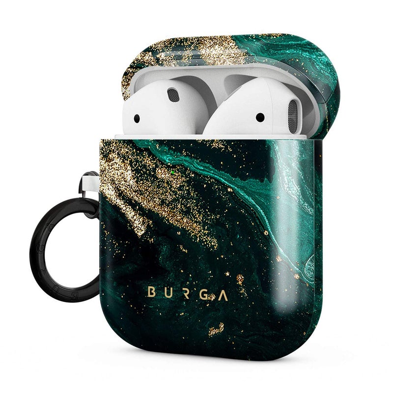 Burga Airpod Hardcase Compatible with Apple Airpods 2 & 1 Charging Case, Emerald Green Jade Stone High Fashion Luxury Gold Glitter Marble Cute Case for Girls, Protective Hard Plastic Case Cover - Image 1