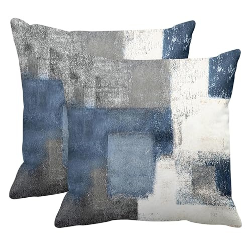 Britimes Throw Pillow Covers Modern Home Art Decor 16 x 16 Inches Set of 2 Pillow Cases Decorative Abstract Oil Painting Pillowcases for Bedroom Living Room Cushion Couch Sofa Blue White - Image 1