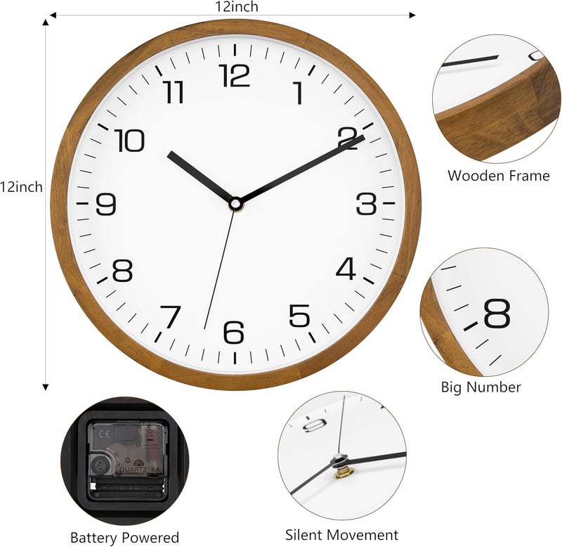 Foxtop Wall Clock Wooden Clock without Tickers Silent 30 cm Quartz Large Wall Clock Easy to Read for Room Home Kitchen Bedroom Office School - Image 3