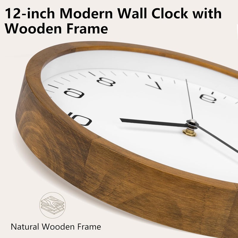 Foxtop Wall Clock Wooden Clock without Tickers Silent 30 cm Quartz Large Wall Clock Easy to Read for Room Home Kitchen Bedroom Office School - Image 2