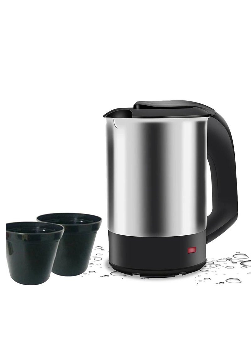 غلاية ماء كهربائية صغيرة 600 مل للسفر والاستخدام اليومي – تصميم ستانلس ستيل مقاوم للصدأ – مع كوبين – تسخين سريع – سهلة الحمل والتنظيف - Image 1