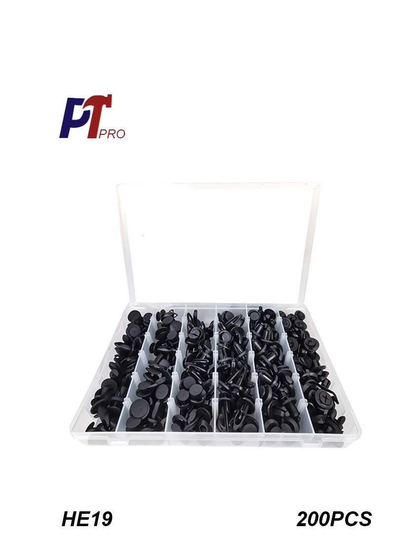 PT Pro PT Pro 200PCS Car Push-Type Retainer Clips Set – Universal Automotive Nylon Fasteners for Bumper, Fender, Door Trim, Engine Cover And Splash Shield – Heavy-Duty Black Plastic Rivet Clips Assortment Kit -  HE19  - Image 1