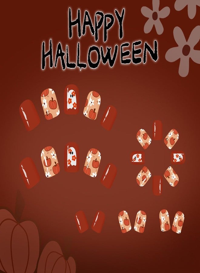 HJKDSFD Halloween Press on Nails Short Square Fake Nails Orange Pumpkin Cute Ghost Pattern Designs False Nails White Flower Artificial Nails Glossy Full Cover Glue on Nails for Women Girls 24Pcs - Image 3