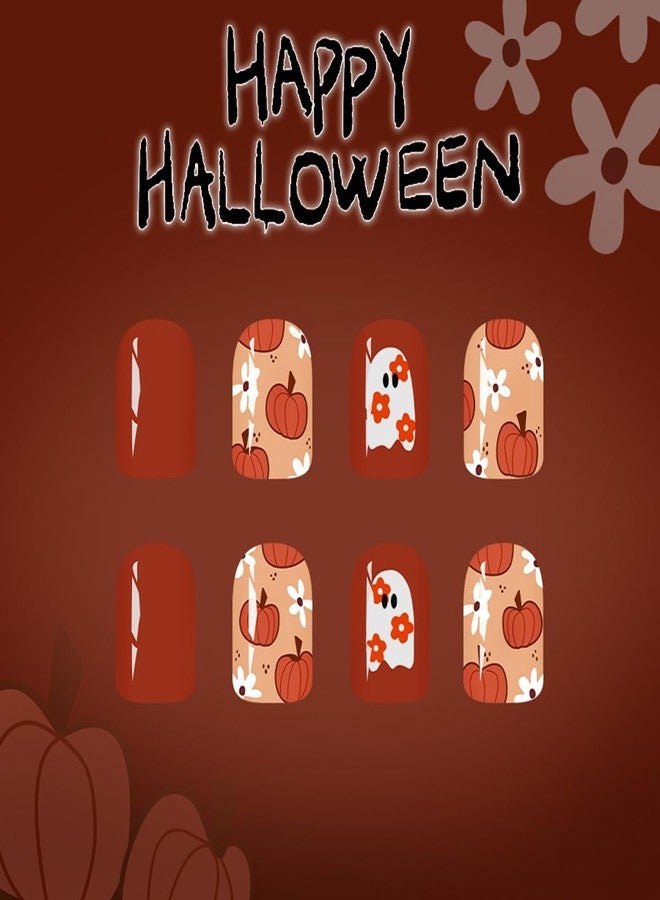 HJKDSFD Halloween Press on Nails Short Square Fake Nails Orange Pumpkin Cute Ghost Pattern Designs False Nails White Flower Artificial Nails Glossy Full Cover Glue on Nails for Women Girls 24Pcs - Image 5